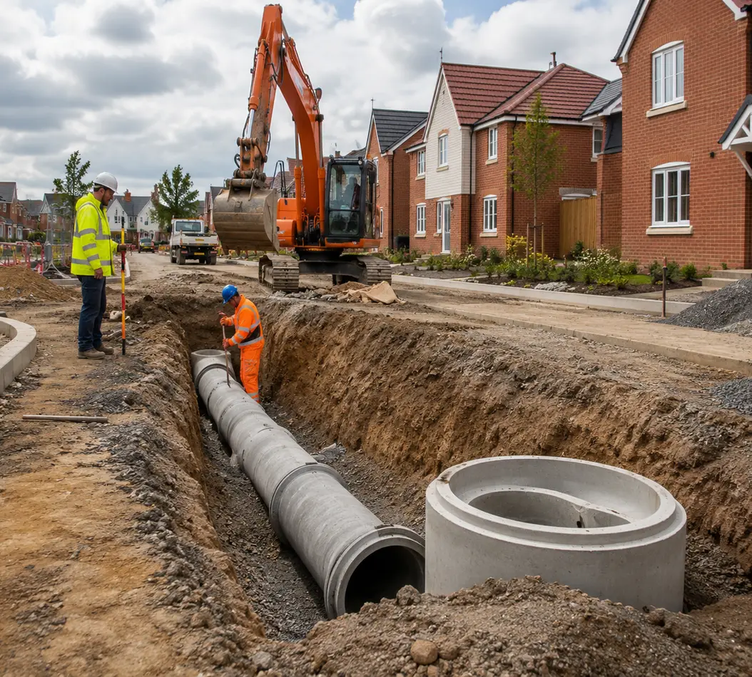 Drainage pipework being laid on site