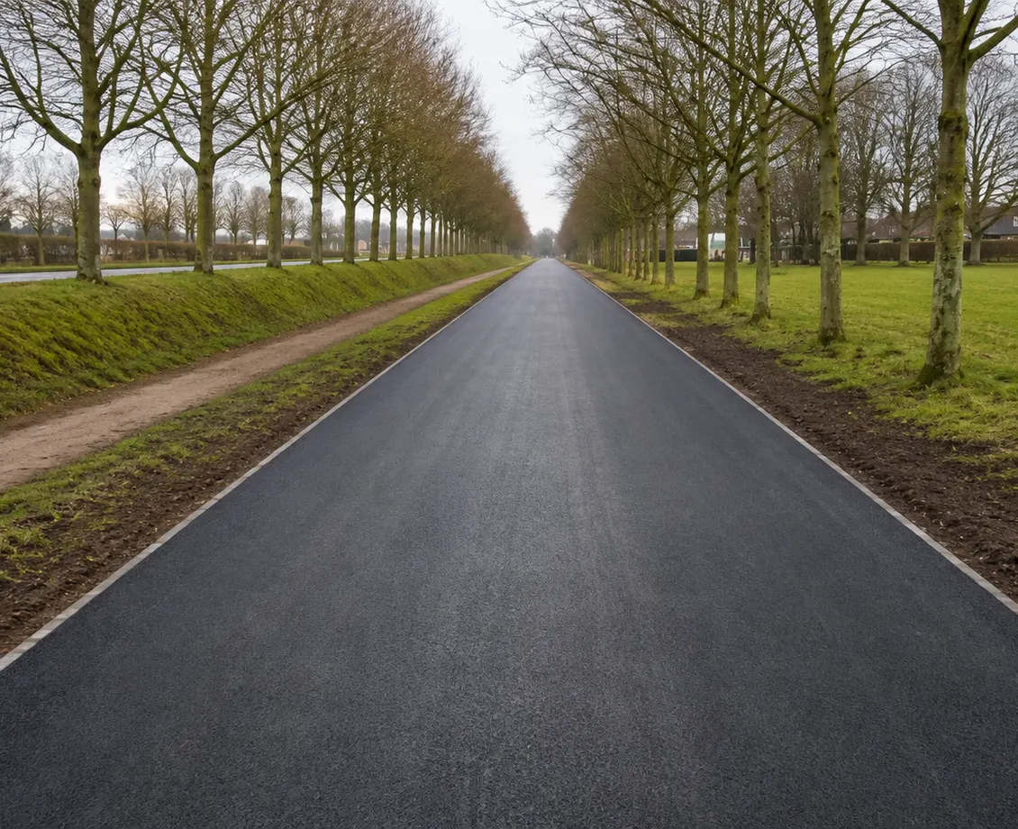 A resurfaced tree-lined carriageway