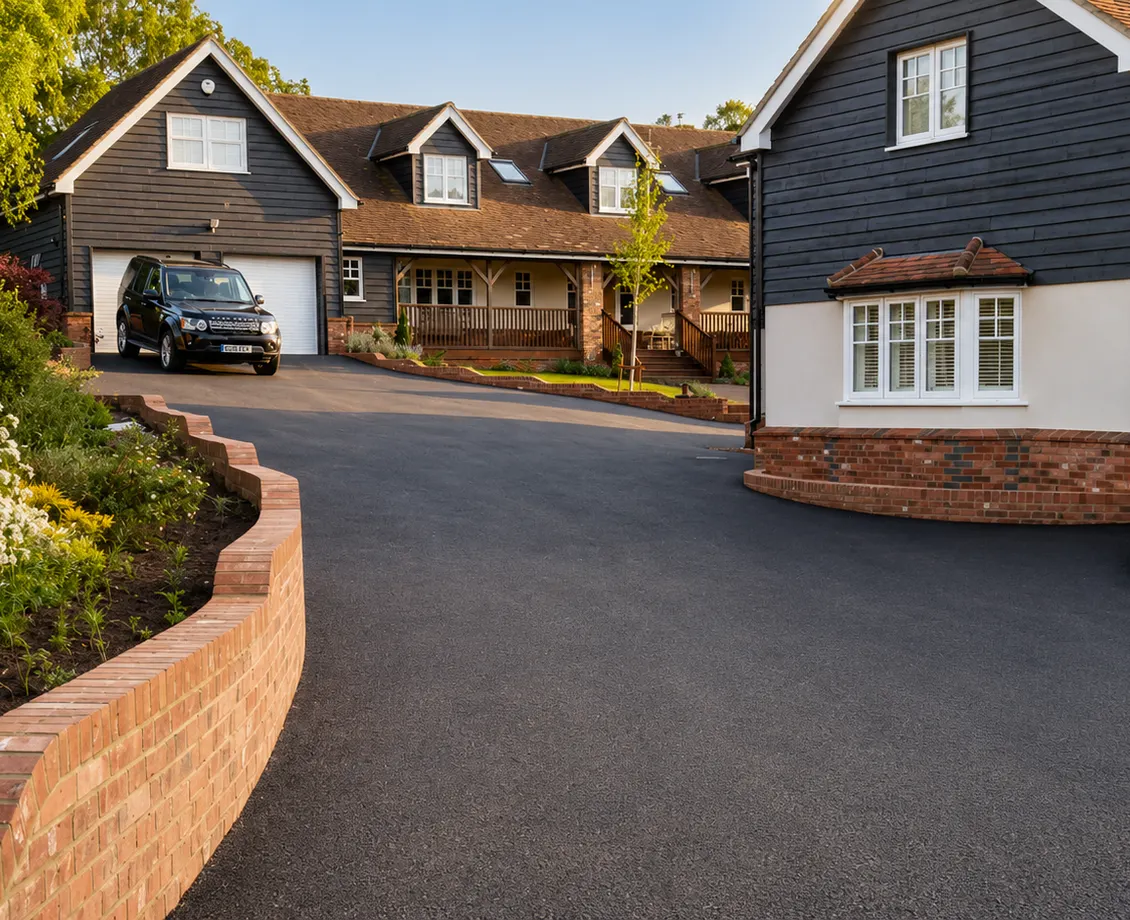 A finished tarmac driveway sweeping up to a house